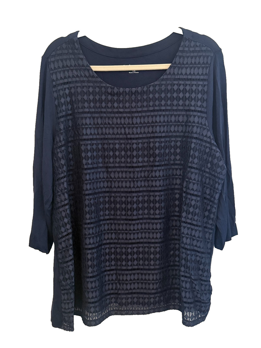 Croft & Barrow Womens 1X Dark Blue Lace Diamond 3/4 Sleeve Stretch Blouse Top